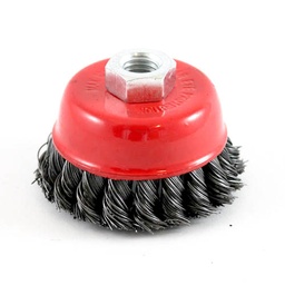 [3387] Wire Cup Brush, plaited/knot type, 75 mm dia, nut M14 thread, stainless steel[143.0](5.63)