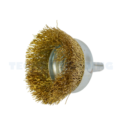 [3471] Wire Cup Brush, shaft welded type, standard/crimped, 50 mm dia, 6 mm shaft, brass