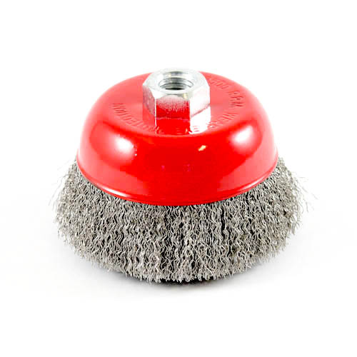 [3007] Wire Cup Brush, standard/crimped, 100 mm dia, nut 5/8" thread, stainless steel
