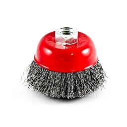 [1845] Wire Cup Brush, standard/crimped, 75 mm dia, nut 5/8" thread, stainless steel[194.0](3.91)